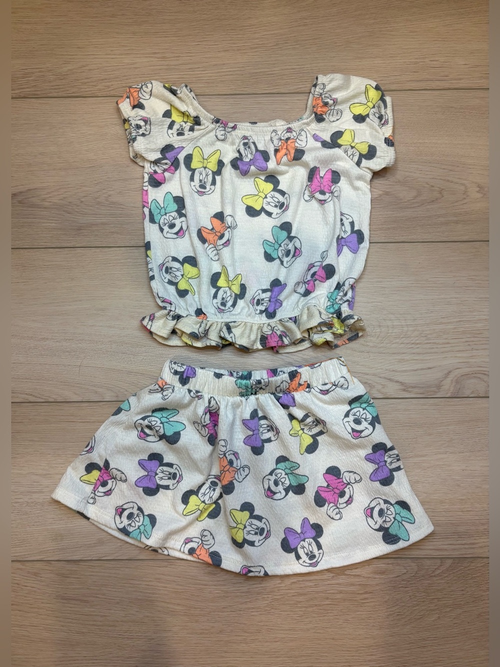 Disney Girls Cream Top and Skirt Set with Multicolor Minnie Bow Print